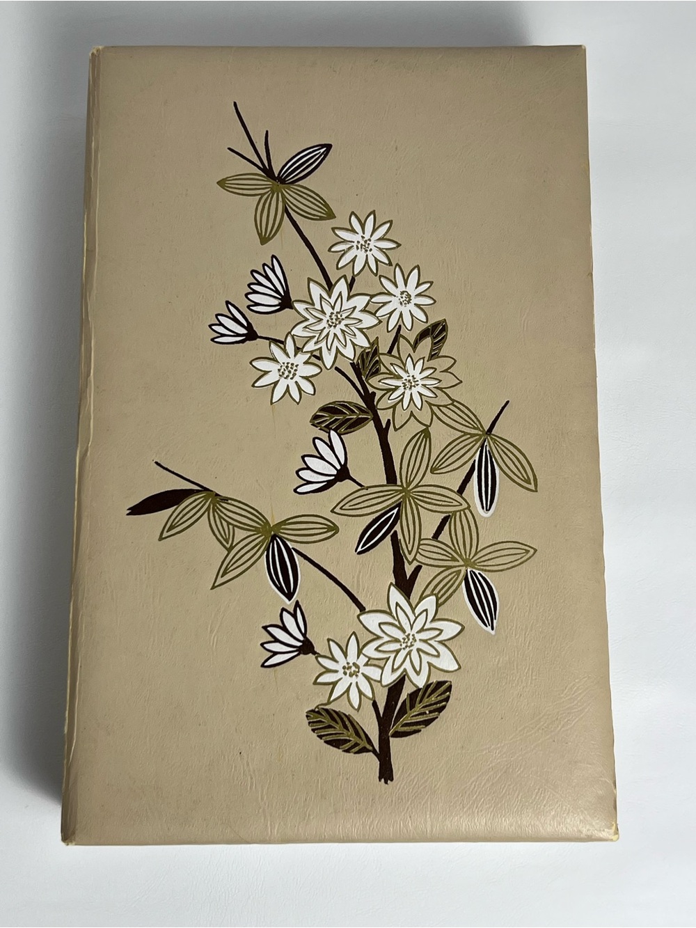 VTG Paper Dresser Box Jewelry Box Stationary Vinyl Flowers Brown White 60s